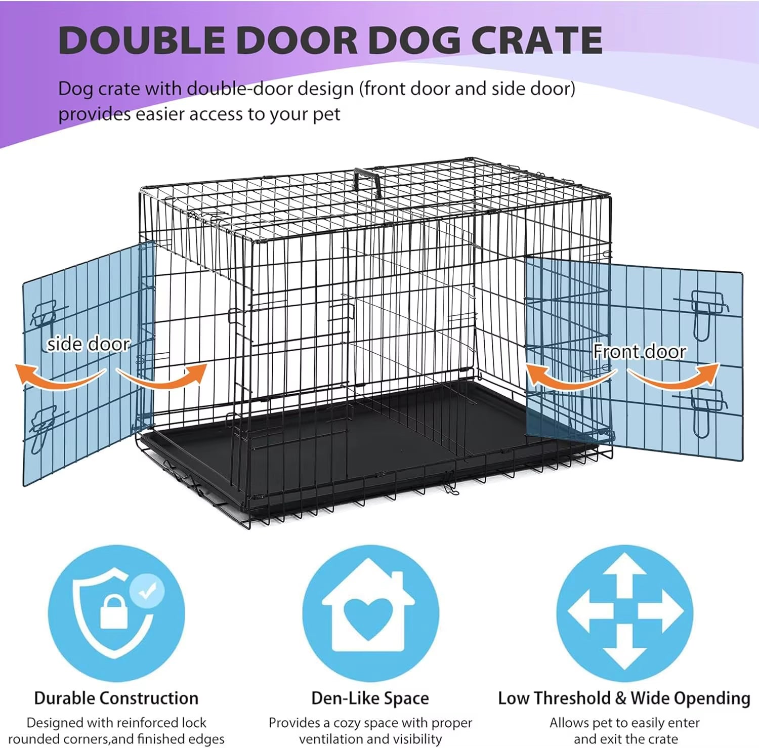 Bestpet | Dog Crate | 48" | Black | Foldable Metal Kennel with Double Doors, Secure Slide-Bolt Latches, Leakproof Tray |