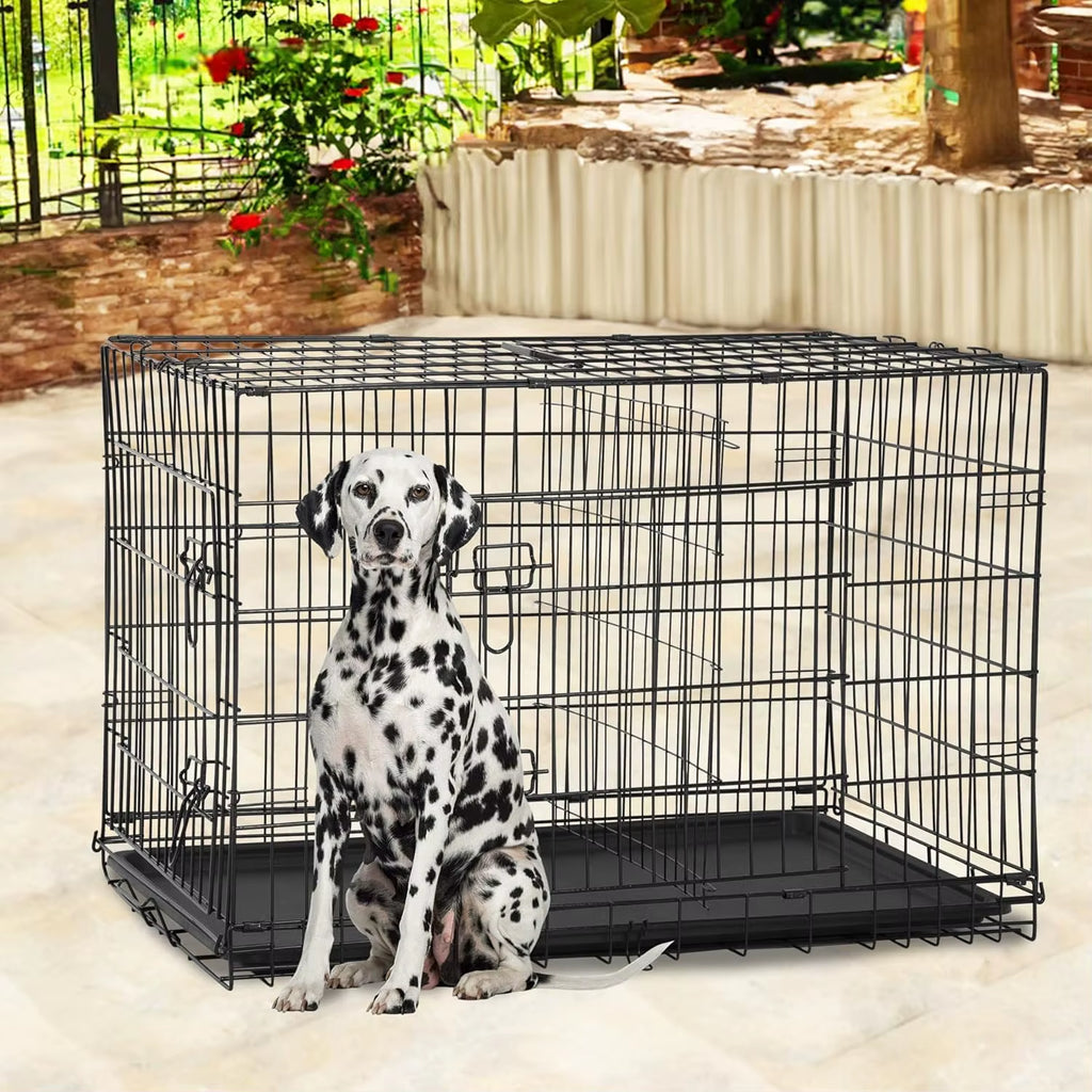 Bestpet | Dog Crate | 48" | Black | Foldable Metal Kennel with Double Doors, Secure Slide-Bolt Latches, Leakproof Tray |