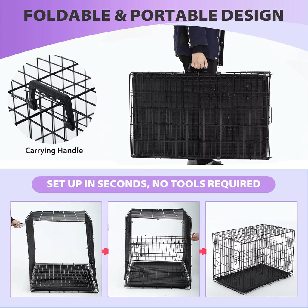 Bestpet | Dog Crate | 48" | Black | Foldable Metal Kennel with Double Doors, Secure Slide-Bolt Latches, Leakproof Tray |