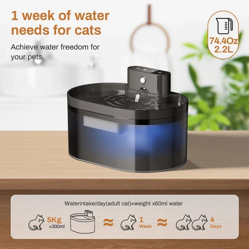 2.2L Wireless Automatic Cat Water Fountain Infrared Sensor Smart Pet Drinkier Fountain 2600Mah Pet Water Dispenser for Dog Cat